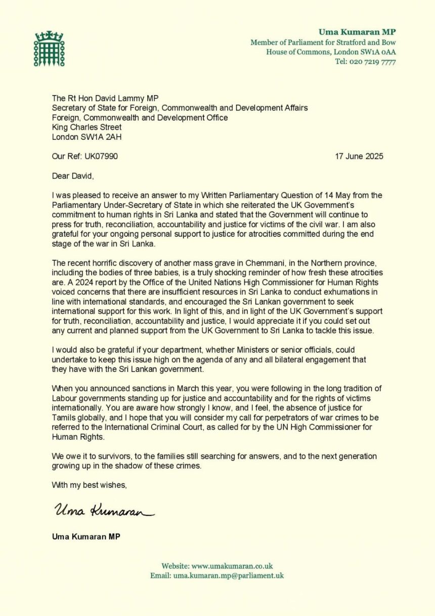 செம்மணிப் புதைகுழி தொடர்பாக இலங்கைக்கு அழுத்தம் - பிரித்தானிய எம்.பி கோரிக்கை 1 ChemmaniMassGrave